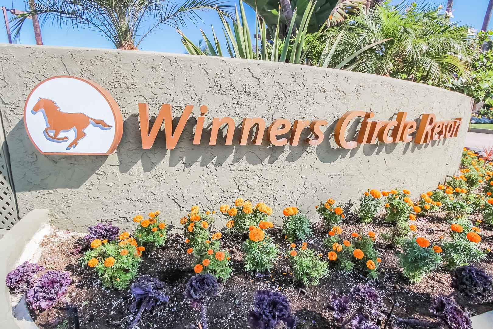 The resort signage at VRI's Winner Circle Resort in California.